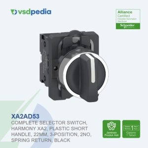 Complete selector switch, Easy Harmony XA2, plastic short handle, 22mm, 3-position, 2NO, spring return, black