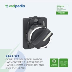 Complete selector switch, Easy Harmony XA2, plastic short handle, 22mm, 2-position, 1NO, stay put, black