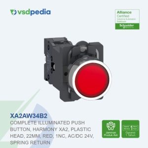 Complete illuminated push button, Easy Harmony XA2, plastic head, 22mm, red, 1NC, AC/DC 24V, spring return